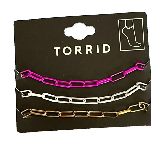 Torrid White-Pink-Gold Matte Finish Chain-Link Anklets-Set of 3 - Picture 2 of 3